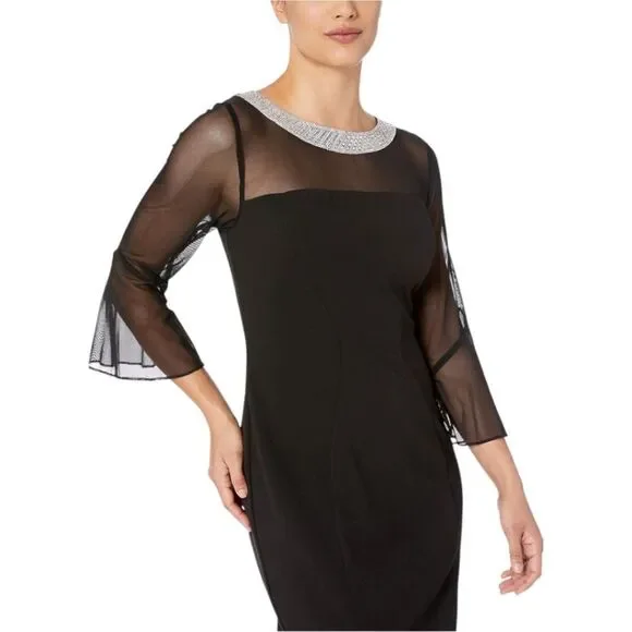 Alex Evenings dress Short Sheath Crepe Cocktail Beaded Illusion bell sleeves  14p